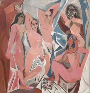 Pintura de Pablo Picasso, "Les Demoiselles d'Avignon", em que 5 mulheres/prostitutas estão num bordel