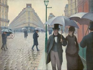 Pintura de Gustave Caillebotte intitulada "Paris Street; Rainy Day". Aqui vemos um Casal rodeado de outras pessoas nas ruas de Paris com guarda-chuvas