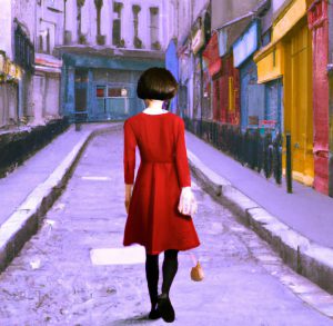 Pintura do Fabuloso Destino de Amelie (do filme de 2001) a andar nas ruas de Paris