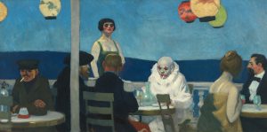 Pintura de Edward Hopper, "Soir Bleu" de um palhaço triste no meio de pessoas desconectadas e sobrecarregadas de angustia/vazio