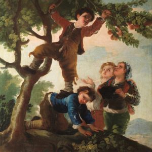 Imagem da pintura "Boys picking fruit" de Francisco de Goya onde vemos um rapaz (rodeado de outras crianças) a se aventurar e a apanhar frutas numa árvore