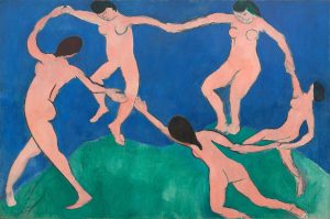 Pintura de Henri Matisse intitulada "La Danse (1)" onde temos um conjunto de pessoas a dançar e a viver no momento
