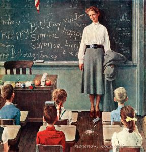 Imagem da obra de Normal Rockwell "Happy Birthday Miss Jones (Teacher Birthday)" em que alunos dao os parabéns a sua professora na sala de aulas
