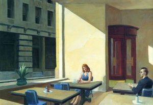 Pintura de Edward Hopper de duas figuras numa cafetaria