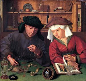 Imagem da pintura de Massysm Quentin. intitulada " The Moneylender and his Wife" em que vemos um casal a contar dinheiro e a tomas conta das suas finanças
