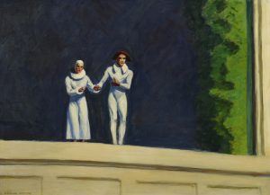 Pintura de Edward Hopper, “Two Comedians”. Nela vemos dois atores no palco a apresentar/concluir uma peça de teatro