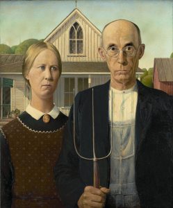 Imagem de Grant Wood, intitulada "American Gothic" que representa uma família americana