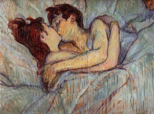 Imagem da pintura de Henri de Toulouse-Lautrec intitulada "In bed - the kiss" que retrata um casal abraçado e agarrado na cama de forma romântica/amorosa