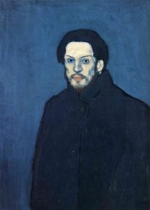 Imagem da pintura (autorretrato, "self-portrait") de Pablo Picasso do período azul. Pintura escolhida para o poema de Jorge Luis Borges, 'Dois Poemas em Inglês'