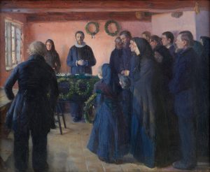 Imagem Por Anna Ancher intitulada "A Funeral" onde temos um funeral e pessoas em luto