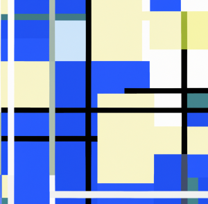 Imagem de Dall-E no estilo de Piet Mondrian de uma pintura que retrata o autismo (autismo de baixo funcionamento) sendo o azul a cor do autismo