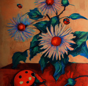 Imagem de Dall E de uma pintura de vida com flores e uma joaninha