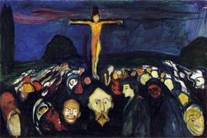 Imagem da obra de Edvard Munch intitulada "Golgotha". Nela temos jesus Cristo pregado na cruz. O que conecta com este artigo sobre os mitos do luto