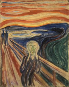Imagem da pintura de Edvar Munch "The Scream" que representa o sentimento de pânico (perturbação de pânico) e ansiedade (agorafobia)