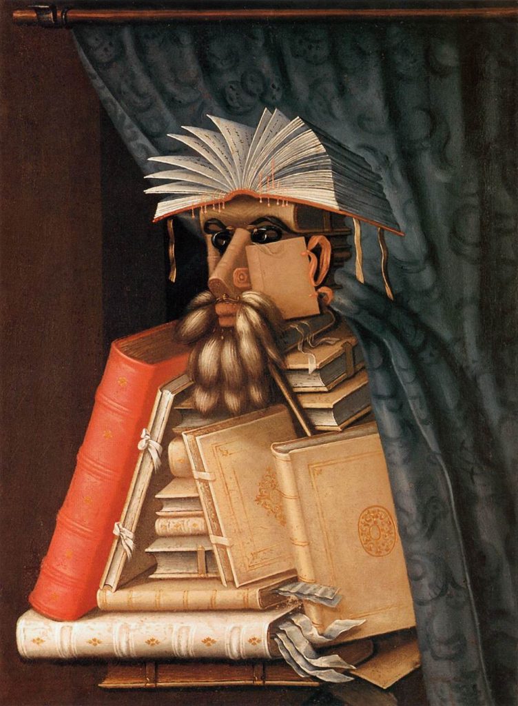 Imagem de Giuseppe Arcimboldo, intitulada "The Librarian". Nela temos uma figura que representa livros e a literatura