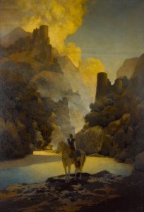 Imagem da pintura de Maxfield Parrish, "Aucassin Seeks for Nicolette" em que temos um homem num cavalo sem saber por onde ir - fazendo uma ligação com o poema de José Régio, Cântico Negro