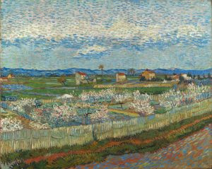 Imagem da pintura de Vincent Van Gogh intitulada "Peach Trees in Blossom" que demonstra/celebra a primavera (o regresso da primavera)