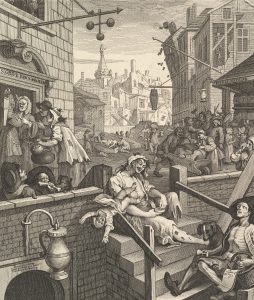 Imagem de William Hogarth intitulada "Gin Lane" que retrata o lado negro das drogas/substancias/álcool