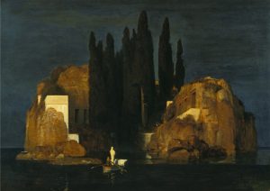 Imagem da pintura de Arnold Böcklin, "Isle of the Dead", que representa neste contexto a morte e o luto (de alguem que se suicidou)