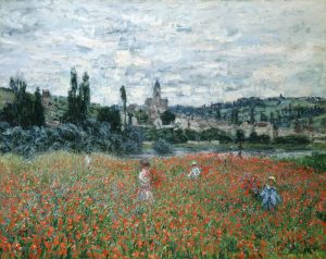 Imagem da obra de Claude Monet, “Poppy Field near Vétheuil” em que temas pessoas num ambiente de campo (nas terras) rodeadas de petúnias a semelhança da Dona Almerinda