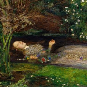 Imagem da pintura de John Everett Millais intitulada "Ophelia# onde temos uma Ophelia que neste contexto representa a escuridão da personagem