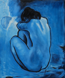 Imagem de Pablo Picasso "Blue Nude" que representa uma figura melancólica o que condiz com o poema "Sorri alma... Sorri"