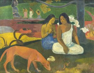 Imagem da pintura de Paul Gauguin intitulada "Arearea" onde temos um clima tropical que neste contexto representa a evolução (evoluí)