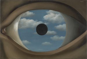 Imagem da obra de Rene Magritte intitulada "The False Mirror." Nela temos um olho que neste contexto representa os movimentos oculares da terapia EMDR
