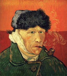 Imagem da pintura de Vincent Van Gogh, intitulada "Self-portrait with bandaged ear and pipe" que neste contexto representa a perturbação bipolar
