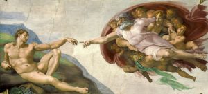 Imagem de Michelangelo, "The Creation of Adam" que neste contexto do dualismo cognitivo representa deus, musica e as metaforas