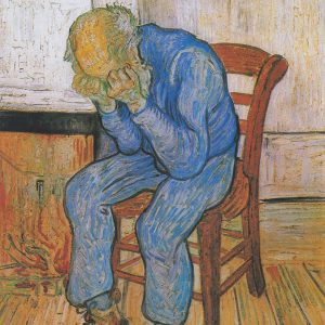 Imagem de Vincent Van Gogh "At Eternity's Gate" em que temos um homem carregado de emoções que neste contexto representa a ansiedade e stress