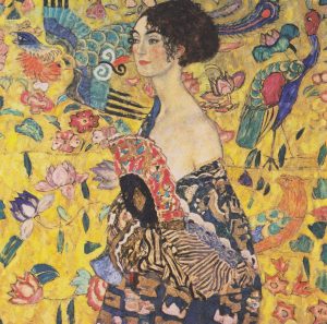 Imagem Gustav Klimt, “Woman with fan [Dame mit Fächer]” que representa a menina