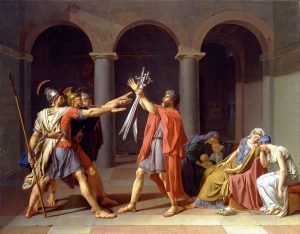Imagem de Jacques-Louis David, “Oath of the Horatii” que representa liderança em tempos difíceis