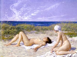 Imagem Paul Gustav Fischer, “Sunbathing in the Dunes” com um cenário de praia