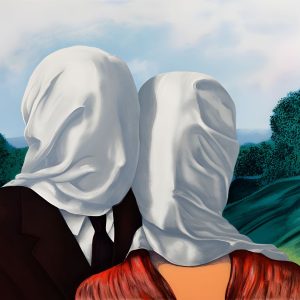 Pintura de René Magritte, “The Lovers [Les Amants]”. A pintura neste contexto demostra a ideia de que os opostos podem se apaixonar