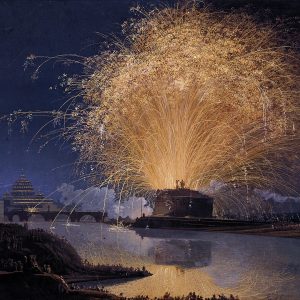 Imagem de Jacob Philipp Hackert, “Fireworks over Castel Sant'Angelo in Rome” que representa a festa de Réveillon ou seja o ano novo cheio de motivação e autodisciplina