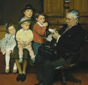 Pintura de Norman Rockwell, “When the Doctor Treats Your Child” que representa terapia nas crianças