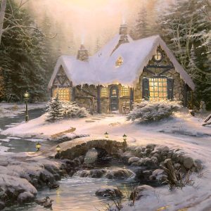 Pintura por, Thomas Kinkade, “Winter Light Cottage” que representa a noite branca