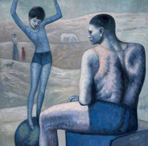 Pintura de Pablo Picasso, “Acrobat on a Ball [Acrobate à la Boule]” que representa neste capo treês poemas de Amor, Loucura e Homens que Choram